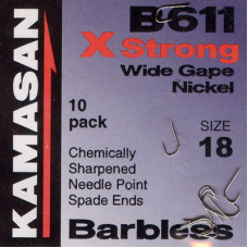 Kamasan B611 X Strong Barbless Match Wide Gape Nickel Hook Size 18