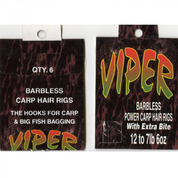 HAIR RIGS SIZE 12 VIPER BARBLESS POWER CARP HAIR RIGS SIZE 12 to 7lb 6oz PACK 6 HOOKS